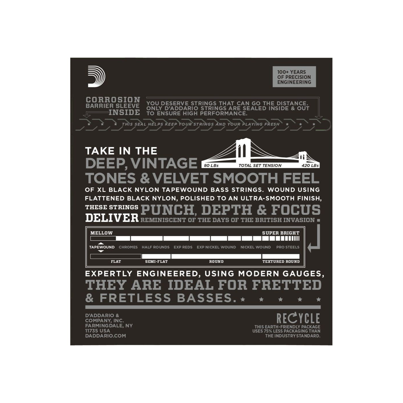 D'Addario - ETB92S 050-105 Short Scale Black Nylon Tapewound - Musik Utan Gränser 