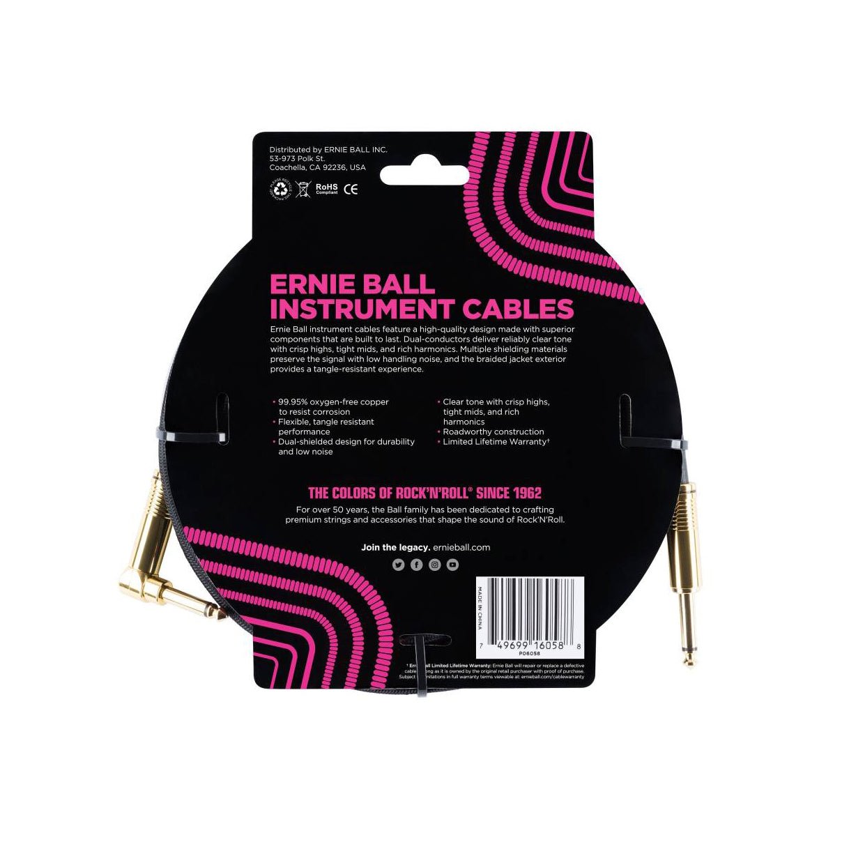 Ernie Ball - EB-6058 instrumentkabel 7.5 m svart, rak/vinklad - Musik Utan Gränser 