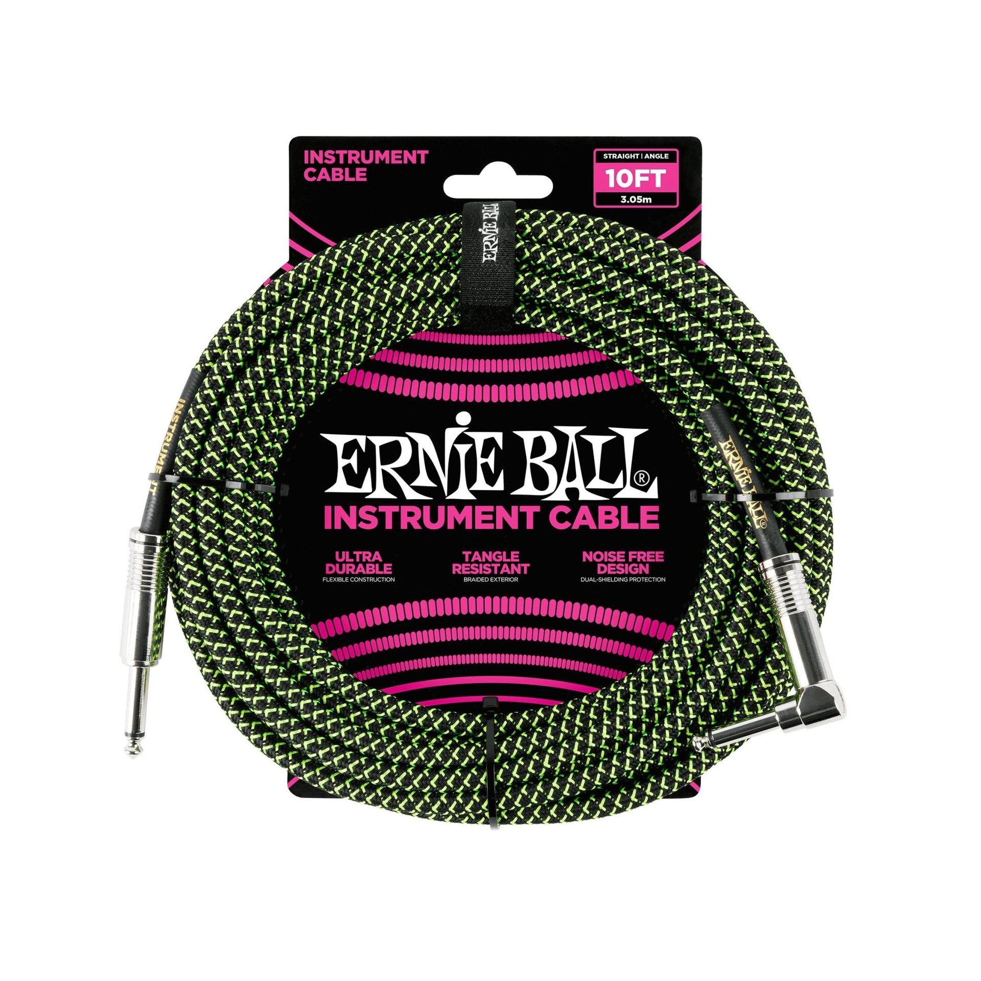 Ernie Ball - EB-6077 instrumentkabel 3 m svart/grön, rak/vinklad - Musik Utan Gränser 