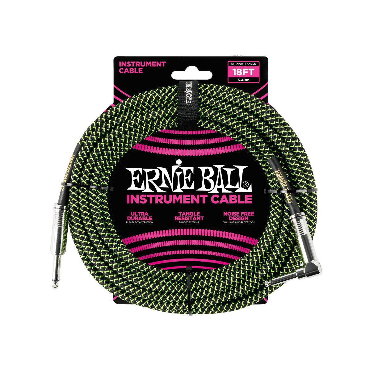 Ernie Ball - EB-6082 instrumentkabel 5.4m svartgrön, rak/vinklad - Musik Utan Gränser 